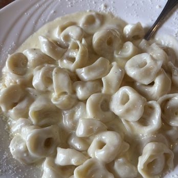 Dusal's - Tortellini Alfredo - A dish of tortellini pasta coated in Alfredo sauce, served on a white plate with a spoon and some grated cheese. - Pizza Near Me - Kendall Park, New Jersey