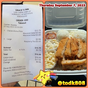 Grace's Inn - Lunch! Thursday September 7, 2023 - Fast Food Near Me - Honolulu, Hawaii