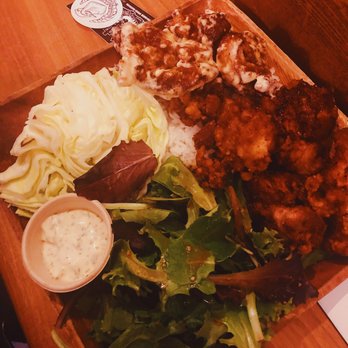 Aburaya - Got the 8 piece Rice Bowl ~$15  Left Side: Orange Honey Aioli Right Side: Garlic Miso - Izakaya Near Me - Oakland, California