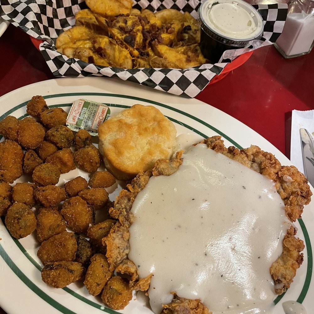 Kendall's Restaurant - Chicken fried steak with fried okra & loaded potato wedges - American Near Me - Noble, Oklahoma Kendall's Restaurant - Chicken fried steak with fried okra & loaded potato wedges - American Near Me - Noble, Oklahoma
