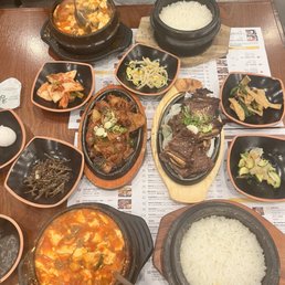 Galbi Beef Short Ribs and tofu soup Combination, Pork Bulgogi and tofu soup Combination Galbi Beef Short Ribs and tofu soup Combination, Pork Bulgogi and tofu soup Combination
