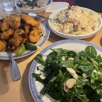 Birds of a Feather - Spicy Fish Fillet 香辣鱼片, Snow Pea Shoots w/ Garlic 蒜炒豆苗, Fried Rice  Shredded Duck 樟茶鸭丝炒饭fried - Szechuan Near Me - Brooklyn, New York