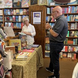 Bookends - Scott Richards of WEZV recording monthly Book Chat with owner, Vicki Baty