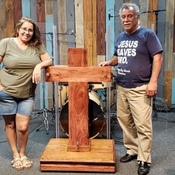 Hope Christian Church - Sam Ramos (who built the new pulpit from recycled wood) and daughter, Cathy Molloy