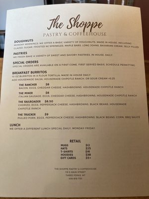 Menu photo 1 The Shoppe Pastry & Coffeehouse Three Forks, MT Menu photo 1 The Shoppe Pastry & Coffeehouse Three Forks, MT
