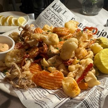 Toulouse Cafe and Bar - Friture de Fruits de Mer - Awesome new appetizer of fried calamari, red shrimp, whitefish, pickled vegetables and pimento aïoli - French Near Me - Houston, Texas Toulouse Cafe and Bar - Friture de Fruits de Mer - Awesome new appetizer of fried calamari, red shrimp, whitefish, pickled vegetables and pimento aïoli - French Near Me - Houston, Texas
