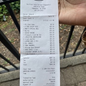 The River Palm Terrace - Bill for 4 people - Steakhouses Near Me - Edgewater, New Jersey The River Palm Terrace - Bill for 4 people - Steakhouses Near Me - Edgewater, New Jersey