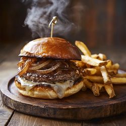 Caspian Cafe & Market - French Onion Burger Served with fries!