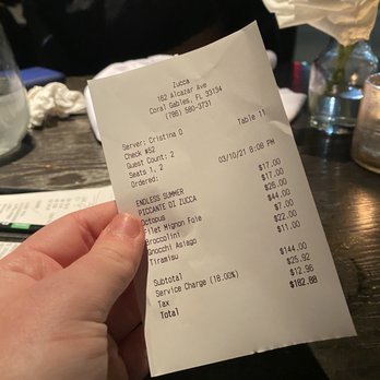 Zucca - Check with food and drinks ordered, as well as price references. - Italian Near Me - Coral Gables, Florida Zucca - Check with food and drinks ordered, as well as price references. - Italian Near Me - Coral Gables, Florida