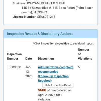 Ichiyami Buffet & Sushi - Health department violations - Sushi Bars Near Me - Boca Raton, Florida