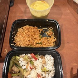 Yellow curry chicken, chicken pad Thai, Mongolian beef