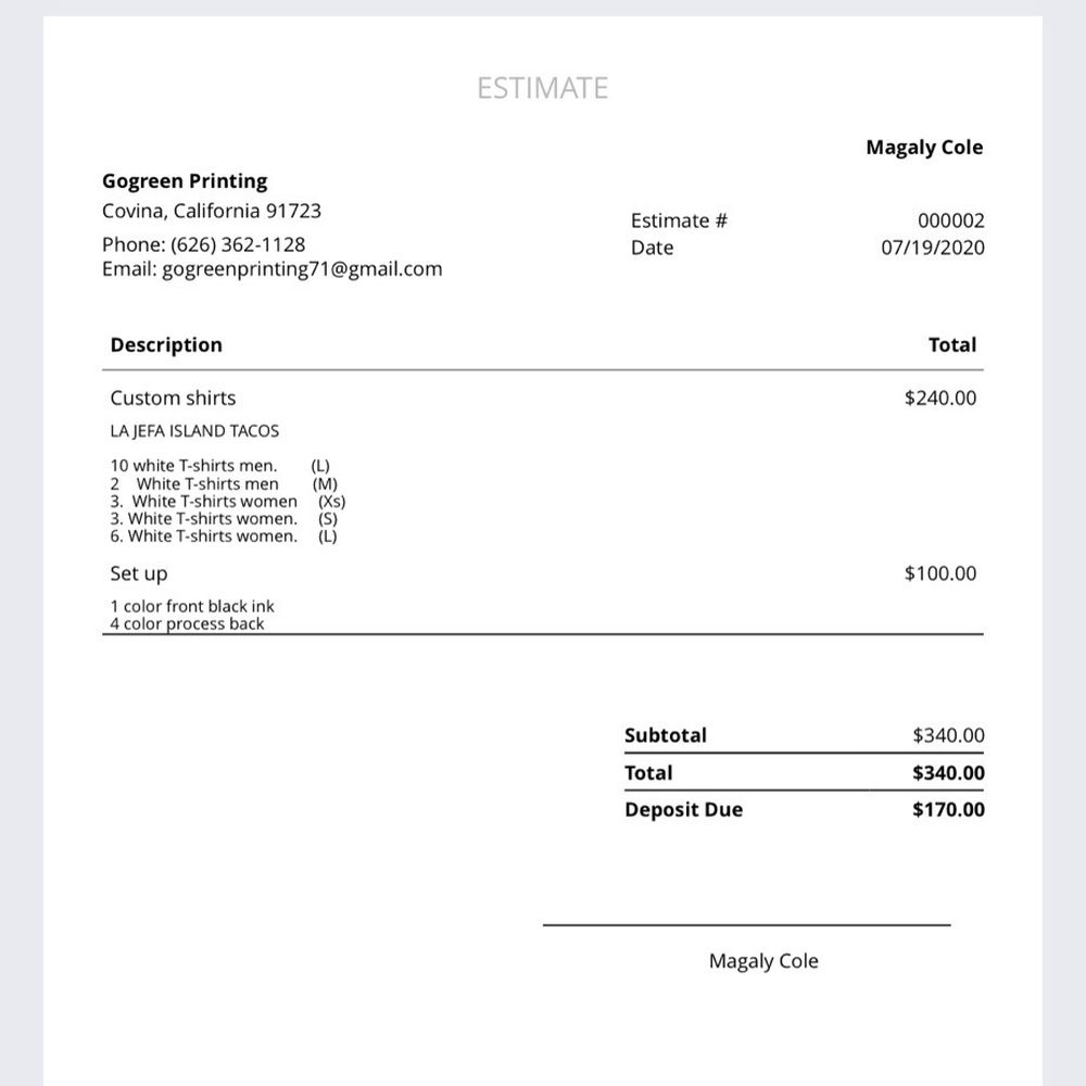Go Green Printing - Invoice link texted to me after sending deposit via Venmo - Screen Printing/T-Shirt Printing Near Me