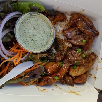 Bubbaloo Cafe - Chicken Teriyaki Rice plate with side of salad and Bubbaloo green sauce - Sandwiches Near Me - Richmond, California Bubbaloo Cafe - Chicken Teriyaki Rice plate with side of salad and Bubbaloo green sauce - Sandwiches Near Me - Richmond, California