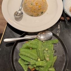 Egg Fried Rice and Stir-Fried Snow Peas with Garlic