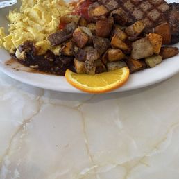 Steak and eggs.