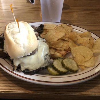 Hilltop Pub and Grill - Pepper Cheese Beef Sandwich with kettle chips. *Added mushrooms.* - Pubs Near Me - Stevens Point, Wisconsin