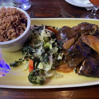 The Simpson Restaurant & Bar - BK - Jerk Chicken with mixed vegetables and rice and peas - Caribbean Near Me - Brooklyn, New York