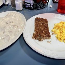 Stringtown Bar & Grill - The Kentucky Special! Two eggs, two biscuits with gravy, and I got Goetta as my meat. It was delicious!