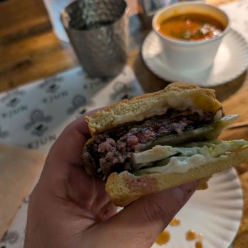 Kjun - Double Smash Burger with Kimchi soup - Korean Near Me - New York, New York Kjun - Double Smash Burger with Kimchi soup - Korean Near Me - New York, New York