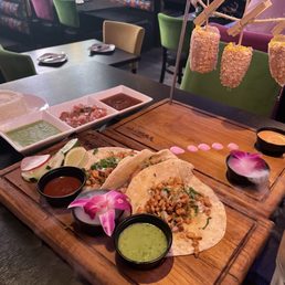 Chicken taco, elotes, rice beans