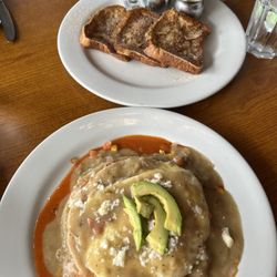 Huevos rancheros with green and red sauce. Also tres leches french toast.