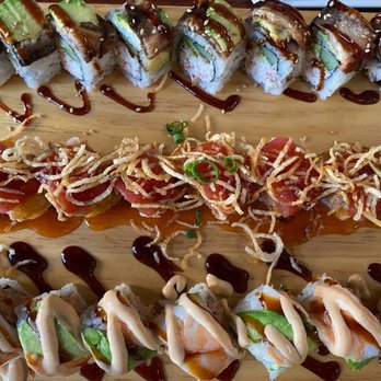Ginza Sushi - Beauty and the Beast, Avenger Roll, and Dragon Roll (bottom to top) - Sushi Bars Near Me - Honolulu, Hawaii Ginza Sushi - Beauty and the Beast, Avenger Roll, and Dragon Roll (bottom to top) - Sushi Bars Near Me - Honolulu, Hawaii