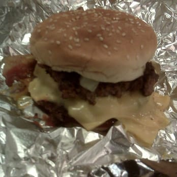 Five Guys - Regular Burger with Bacon, cheese, onion, ketchup, mustard - Hot Dogs Near Me - Knightdale, North Carolina Five Guys - Regular Burger with Bacon, cheese, onion, ketchup, mustard - Hot Dogs Near Me - Knightdale, North Carolina