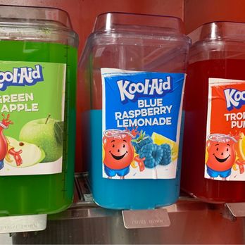 ATL Wings - Kool-Aid Flavors! - Three Kool-Aid drink containers with labels for Green Apple, Blue Raspberry Lemonade, and Tropical Punch flavors. - Chicken Wings Near Me - Mesa, Arizona