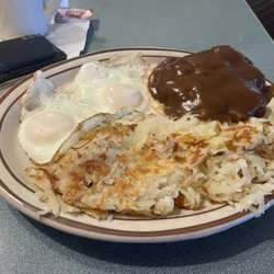 4 B's - Hamburger steak w brown gravy, basted eggs.