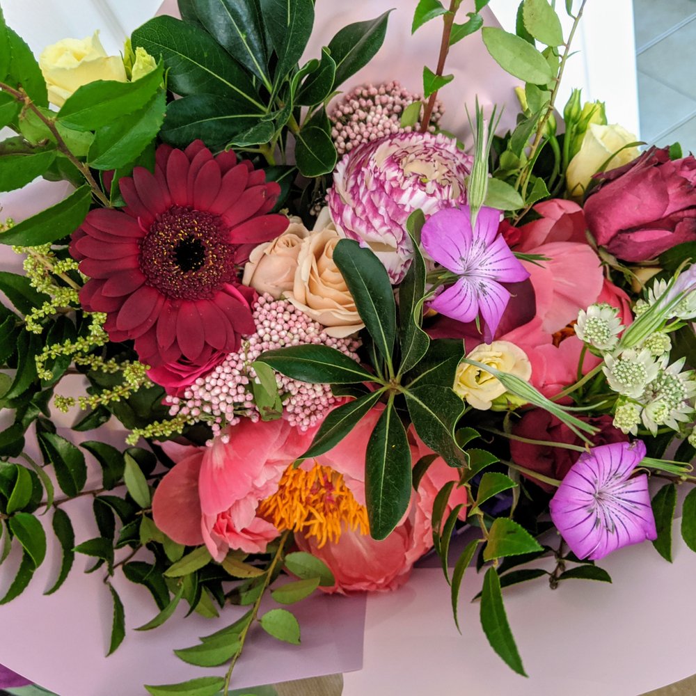 In The Meadow - The Berry Bouquet featuring coral charm peonies, fringed tulips and sweet peas. Local, seasonal, and sustainable flowers. - Florists Near Me - Atlanta, Georgia