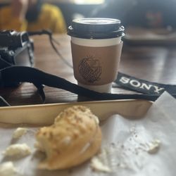 Everything bagel with cream cheese, caramel cappuccino with whole milk