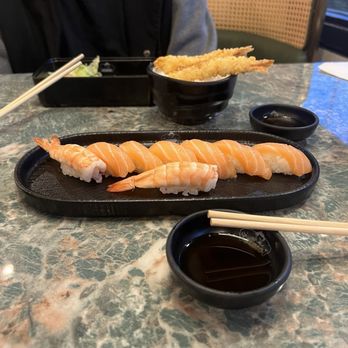 Sumo Sushi & Grill Ayce - Shrimp and salmon nigiri, shrimp tempura on top of rice - Sushi Bars Near Me - Kent, Washington Sumo Sushi & Grill Ayce - Shrimp and salmon nigiri, shrimp tempura on top of rice - Sushi Bars Near Me - Kent, Washington