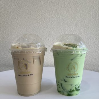 Aroma - Longan honey oolong milk tea (left) and Pandan milk tea (right) - Desserts Near Me - San Jose, California Aroma - Longan honey oolong milk tea (left) and Pandan milk tea (right) - Desserts Near Me - San Jose, California