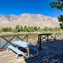 Lake Olancha RV Park & Campground - One of the upper decks at the park. There is ample upper and shaded space with grills on the lake.