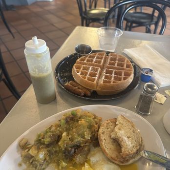 Cherries & Batter Breakfast Cafe - Belgian waffle, house style potatoes (with green peppers, onions and cheese!) came with an English muffin and eggs any style. - Pancakes Near Me - San Diego, California Cherries & Batter Breakfast Cafe - Belgian waffle, house style potatoes (with green peppers, onions and cheese!) came with an English muffin and eggs any style. - Pancakes Near Me - San Diego, California
