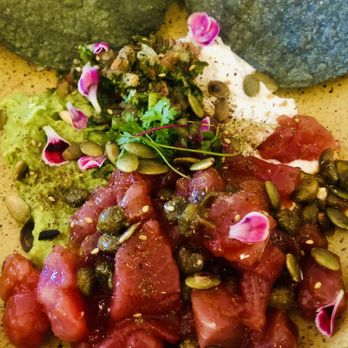 Origen - --Tartar de Atun: Tuna, house chipotle jelly, capers, artisanal guacamole, house made jocoque, Cilantro Tabouli; Side of blue corn tostadas. - New Mexican Cuisine Near Me - San Diego, California Origen - --Tartar de Atun: Tuna, house chipotle jelly, capers, artisanal guacamole, house made jocoque, Cilantro Tabouli; Side of blue corn tostadas. - New Mexican Cuisine Near Me - San Diego, California