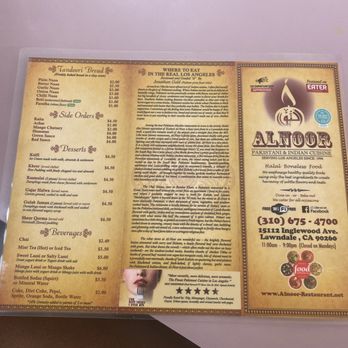 Al-Noor - Front of menu - Indian Near Me - Lawndale, California