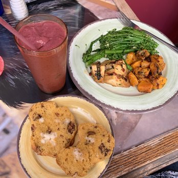 Karma Road - Mango berry smoothie, broccolini, sesame tofu, roasted squash and sweet potato biscuit with walnuts. - Vegetarian Near Me - New Paltz, New York Karma Road - Mango berry smoothie, broccolini, sesame tofu, roasted squash and sweet potato biscuit with walnuts. - Vegetarian Near Me - New Paltz, New York