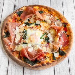 Fiorentina (V) Tomato, Mozzarella, Spinach, Sun Kissed Tomato, Organic free range Egg & Garlic