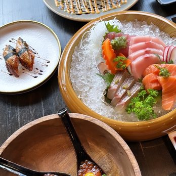 Koya Sushi - Shogun Tower Roll + Uni Spoon + Small Sashimi Combination + Fresh Water Eel Sushi - Japanese Near Me - Beaverton, Oregon