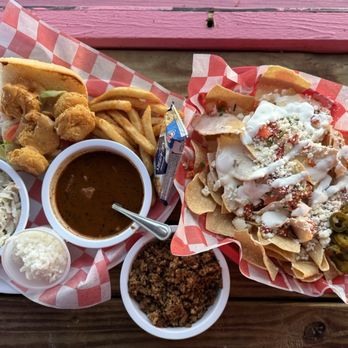 Barge 295 - Shrimp Po'Boy and Boudin Nachos (boudin on the side but it doesn't normally come like that) - Gastropubs Near Me - Seabrook, Texas Barge 295 - Shrimp Po'Boy and Boudin Nachos (boudin on the side but it doesn't normally come like that) - Gastropubs Near Me - Seabrook, Texas