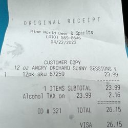 Wine World Beer and Spirits - Charged $23.99