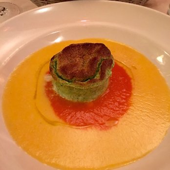 Chez Panisse - Sweet corn and roasted pepper soups with amaranth greens pudding-soufflé. - New American Near Me - Berkeley, California Chez Panisse - Sweet corn and roasted pepper soups with amaranth greens pudding-soufflé. - New American Near Me - Berkeley, California