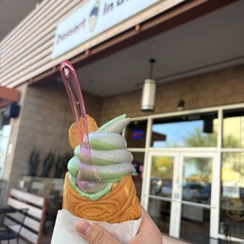 Dessert in Desert - Black sesame and matcha soft serve in taiyaki with red bean cone with dalgona chip - Desserts Near Me - Scottsdale, Arizona