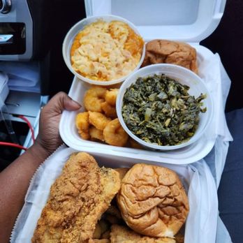 Greazy Spoon - 1 Shrimp Dinner with Mac & Cheese ; 1 4 Piece Whiting Fish Dinner with Fried Okra , Mac & Cheese. - Soul Food Near Me - Raleigh, North Carolina Greazy Spoon - 1 Shrimp Dinner with Mac & Cheese ; 1 4 Piece Whiting Fish Dinner with Fried Okra , Mac & Cheese. - Soul Food Near Me - Raleigh, North Carolina
