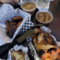 La Promesa - Peach habanero ribs. Chicken with a side of baked potato, beans, salsa, and tortillas of course!