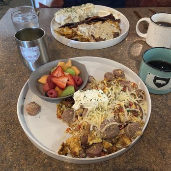 Biscuit & Hogs - Idaho Scramble with Fruit - New American Near Me - Meridian, Idaho