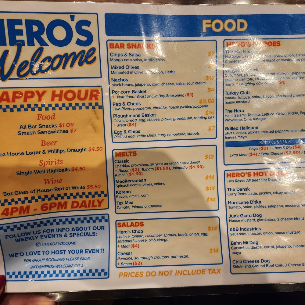 Hero's Welcome - a menu for a restaurant - Bars Near Me - Vancouver, British Columbia Hero's Welcome - a menu for a restaurant - Bars Near Me - Vancouver, British Columbia