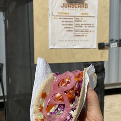 Hand pressed corn tortillas loaded with fresh ingredients from the JT farmers market.