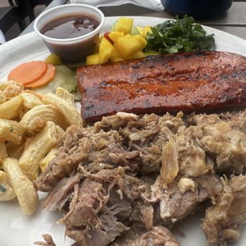 Kona Craft Cafe - MIXED LUNCH PLATE with Kalua pork, grilled Portuguese sausage (Linguiça), island-style macaroni salad, and steamed rice - Breakfast & Brunch Near Me - Carlsbad, California